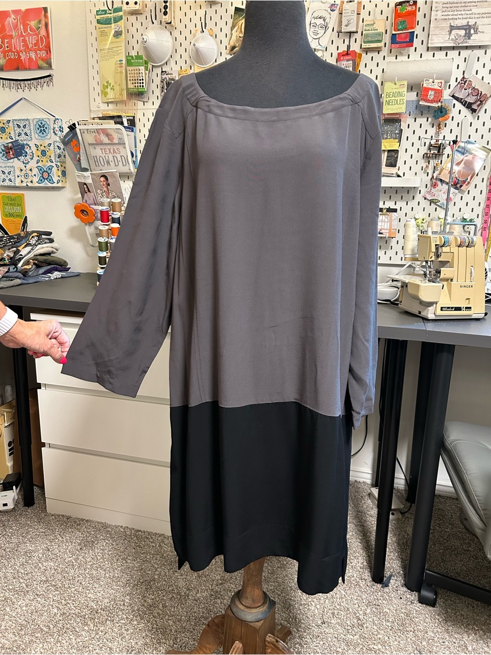 Eileen Fisher Two-Tone Gray and Black Long-Sleeve Shift Dress